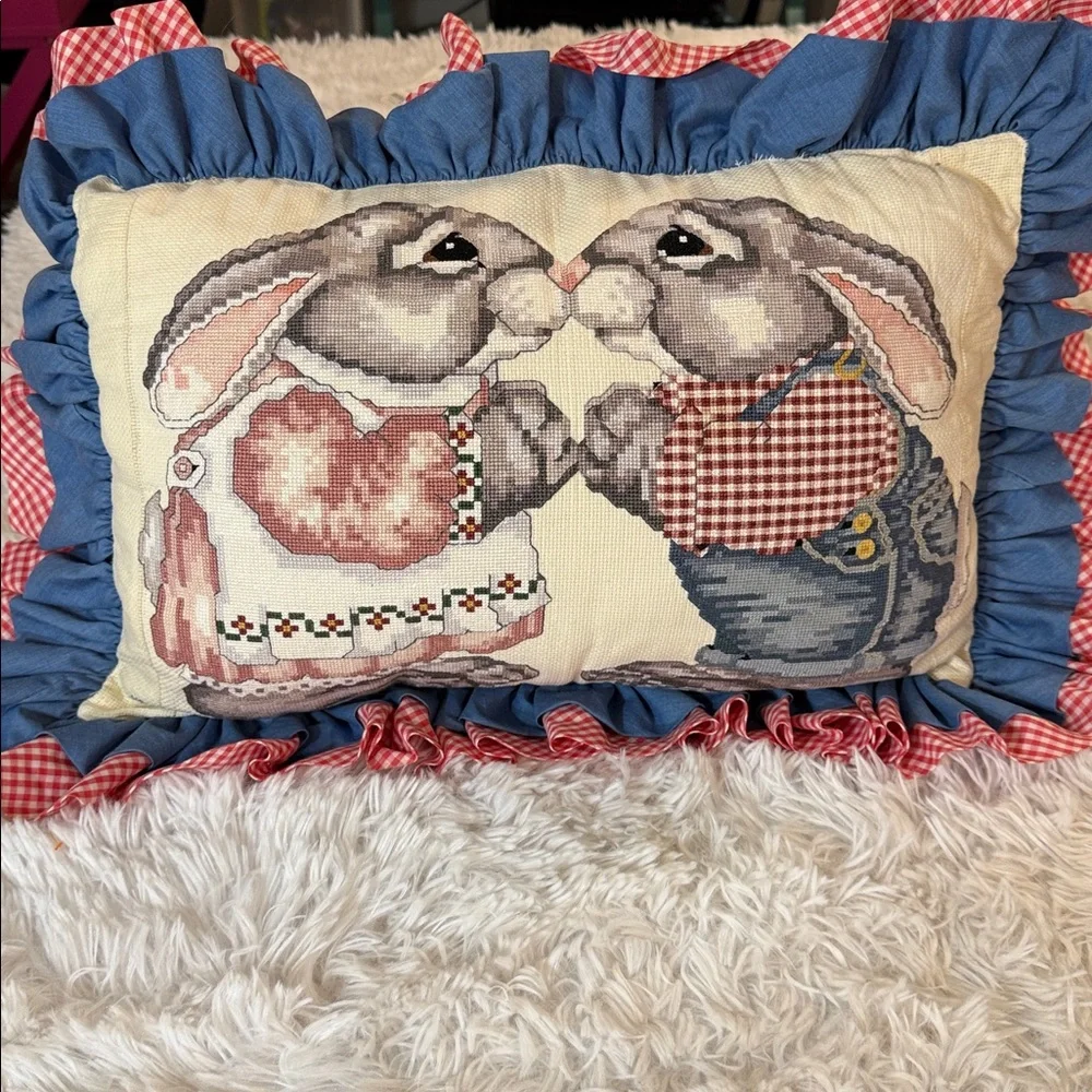 Rabbits 1989 cross stitch pillow